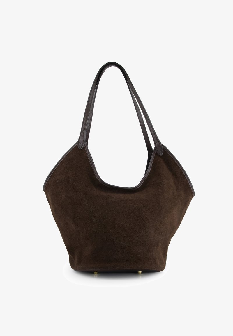 Brązowa zamszowa torba na ramię z ciemnymi skórzanymi akcentami, szerokim otwarciem i dwoma mocnymi uchwytami. Posiada złote okucia u dołu.