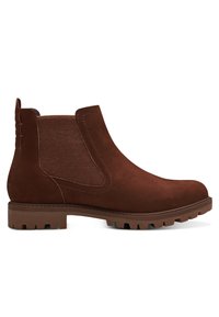 Braune Wildleder-Stiefeletten mit elastischen Seiteneinsätzen, strukturiertem Stoffakzent, flacher Gummisohle und Steppnähten. Robustes Design für legere Anlässe.