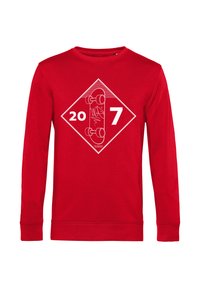 Felpa rossa a maniche lunghe con un grafico bianco a forma di diamante con "20" e "7" e un design di skateboard al centro. Materiale in cotone.