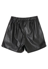 Pantaloni corti in similpelle nera con vita elastica, texture liscia, vestibilità ampia e design lungo fino al ginocchio. Senza tasche o dettagli aggiuntivi.