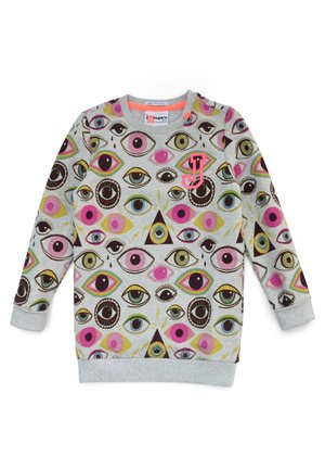 Felpa grigia per bambini con motivi colorati a forma di occhio e una "J" rosa sul petto, dotata di maniche lunghe e polsini e orlo a coste.
