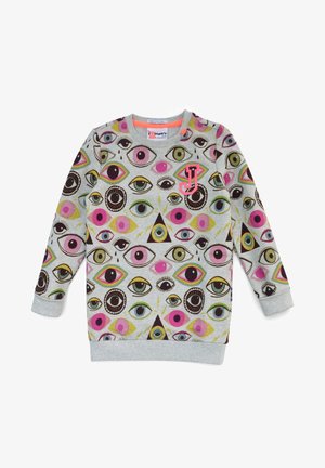 Sweatshirt gris pour enfants avec des motifs d'yeux colorés et un "J" rose sur la poitrine, doté de manches longues et de poignets et un ourlet côtelés.