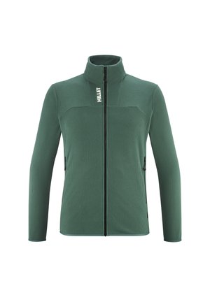Green fleece jacket with a high collar, full front zipper, ribbed texture, and logo detail. Features side zip pockets.