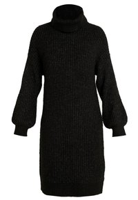 Abito maglione nero a maglia con colletto alto, maniche a palloncino oversize e texture a coste. Lunghezza a metà coscia e colore uniforme.