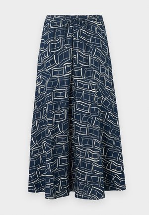 Pantaloni navy a gamba larga con motivi astratti a linee rettangolari bianche e vita elastica con coulisse regolabile.