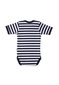 Navy and white striped short-sleeve bodysuit with a round neckline and snap closures at the bottom. Soft cotton fabric, casual design.