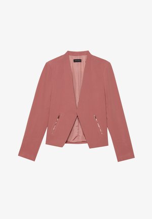 Kurzer pinkfarbener Blazer mit langen Ärmeln, maßgeschneidertem Design, zwei Reißverschlusstascheng vorne und tiefem V-Ausschnitt. Glatte Stofftextur.