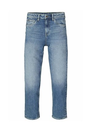 Gerade geschnittene blaue Jeans aus Denim mit vorderen Taschen und sichtbarem Knopf- sowie Reißverschluss, dargestellt vor einem schlichten weißen Hintergrund.
