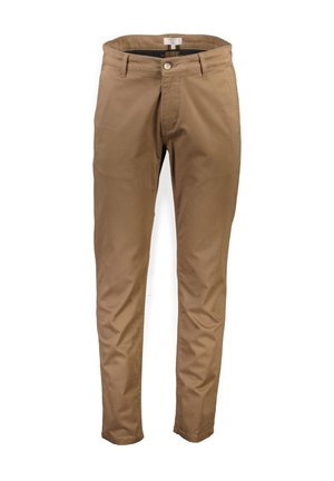 Brązowe spodnie typu straight-leg z zapięciem na guzik, szlufkami na pasek i bocznymi kieszeniami. Gładki materiał z minimalnymi zagnieceniami i bez wzorów.