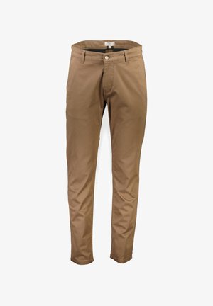 Bruine, rechte broek met een knoopsluiting, riemlussen en zijzakken. Gladde stof met minimale kreukels en zonder patronen.