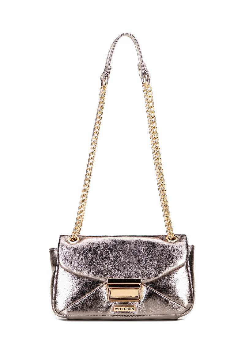 Metallic silver handbag with a gold chain strap, featuring a textured surface, flap closure, and a gold accent hardware detail.