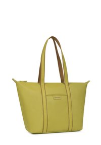 Limoengroene totebag met bruine hengsels, gemaakt van textuurmateriaal. Heeft een centrale pocket en subtiele branding nabij de bovenkant.