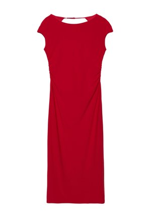 Rode jurk tot op de knie met kapmouwen, lichte plooien aan de zijkant en een klein open rugdetail met sluiting.