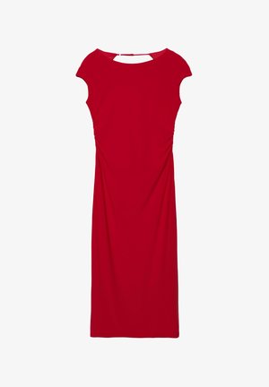 Rode jurk tot op de knie met kapmouwen, lichte plooien aan de zijkant en een klein open rugdetail met sluiting.