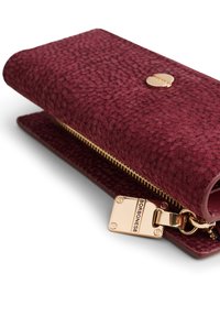 Burgundy textured leather wallet with gold zipper and gold tag engraved with "BORBONESE" on a white background.