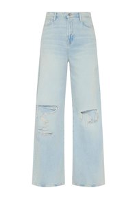 Jeans azzurro chiaro a gamba larga realizzati in denim, con grandi aree strappate nella parte frontale e una vita classica con chiusura a bottone.