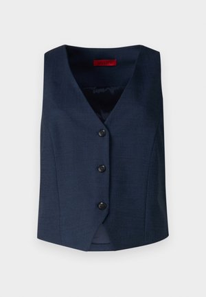 Tamsiai mėlynas be rankovių liemenė su giliu V formos iškirpimu, turinti keturis juodus mygtukus ir lygią, tekstūruotą audinio apdailą.