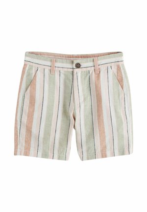 Pantaloni scurți casual cu dungi verticale în culorile pastel verde, roz, alb și negru, cu închidere frontală cu nasturi, bucle pentru curea și buzunare laterale.
