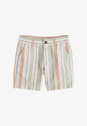 Casualowe szorty w paski z pionowymi pastelowymi liniami w kolorach zielonym, różowym, białym i czarnym, z przodem zapinanym na guziki, szlufkami na pasek i bocznymi kieszeniami.