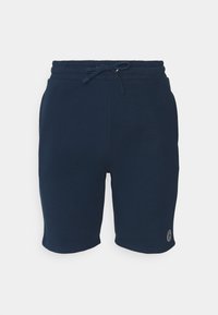 Laivastonsiniset shortsit, jotka on valmistettu pehmeästä puuvillasekoitteesta. Niissä on joustava vyötärönauha, jossa on kiristysnauha, sekä logoalamerkki vasemmassa alakulmassa.