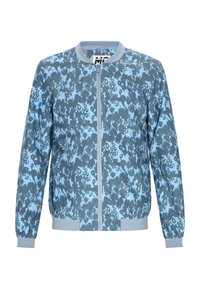 Giacca bomber blu con un motivo floreale in tonalità di blu chiaro e scuro, con polsini a coste e zip frontale.