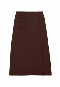 Jupe crayon marron à taille haute, ornée de six boutons décoratifs à l'avant, confectionnée dans un tissu lisse avec une silhouette ajustée.