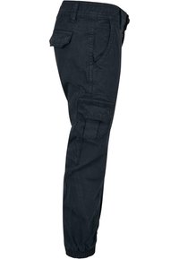 Marine cargo bukser med elastiske manchetter, multiple sidelommer og en glat stofstruktur. Har en tætsiddende talje og en tapered ben-design.