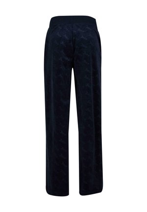 Navy blue sweatpants with a soft texture, featuring a subtle all-over logo pattern, elastic waistband, and wide-leg design.