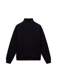 Černá mikina s vysokým límcem, dlouhými rukávy a žebrovanými manžetami. Zadní strana je hladká, s volným střihem a bez viditelných ozdob.