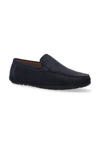 Mørkeblå lædersko i slip-on stil med rund tå, kontraststing og tekstureret overflade. Fleksibel gummisål, enkelt design.