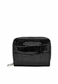 Portefeuille zippé noir en simili-cuir crocodile brillant avec un motif texturé. Comprend un logo argenté à l'avant. Forme rectangulaire compacte.