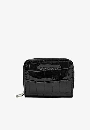 Black zippered wallet made of shiny faux-crocodile leather with a textured pattern. Features a silver logo on the front. Compact rectangular shape.