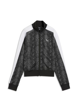 Veste zippée imprimé serpent noire et grise avec des bandes blanches sur les manches, col et poignets noirs, avec le logo Puma sur la poitrine.