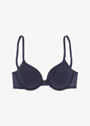 Reggiseno imbottito blu navy con tessuto liscio, supporto con ferretto e spalline sottili regolabili. Pannelli laterali in mesh trasparente.