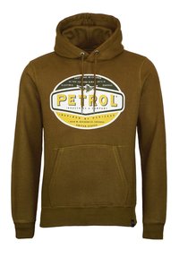 Hnedá mikina s kapucňou vyrobená z mäkkého materiálu, s prednou grafikou v bielej, žltej a zelenej farbe, vybavená stiahnutím na kapucni a klokaní kapsou.