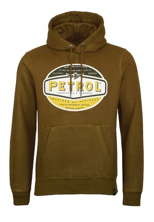 Bruine hoodie van zacht materiaal met een vooropdruk in het wit, geel en groen, inclusief een capuchon met trekkoord en een kangaroozak.