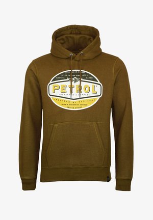 Brown hoodie made of soft material featuring a front graphic in white, yellow, and green with a drawstring hood and kangaroo pocket.