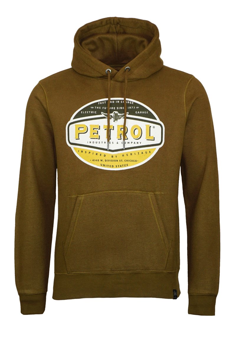 Hnedá mikina s kapucňou vyrobená z mäkkého materiálu, s prednou grafikou v bielej, žltej a zelenej farbe, vybavená stiahnutím na kapucni a klokaní kapsou.