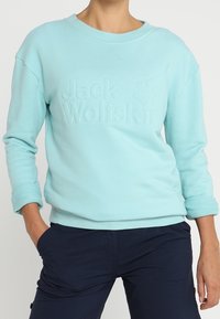 Světlomodrý svetr vyrobený z měkké tkaniny, na přední straně s texturovaným logem "Jack Wolfskin", s náplety na rukávech a designem kulatého výstřihu.