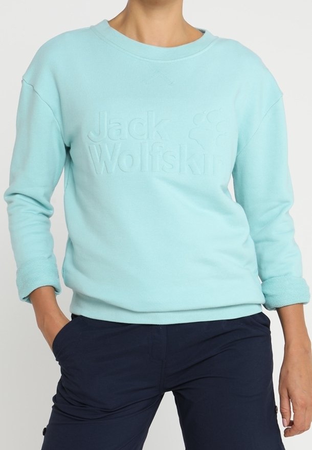 Světlomodrý svetr vyrobený z měkké tkaniny, na přední straně s texturovaným logem "Jack Wolfskin", s náplety na rukávech a designem kulatého výstřihu.
