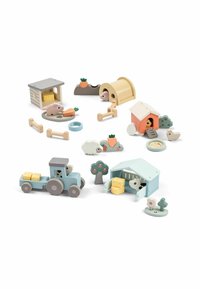 Drevená farmárska hračka obsahujúca traktor, zvieratá, stavby a doplnky v pastelových farbách. Obsahuje rôzne tvary a textúry.