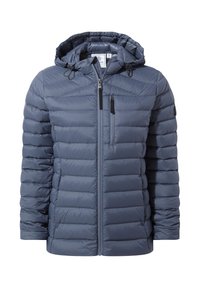 Blue puffer jacket with a hood, featuring horizontal stitching, zippered chest pocket, and black zipper accents. Smooth, lightweight material.