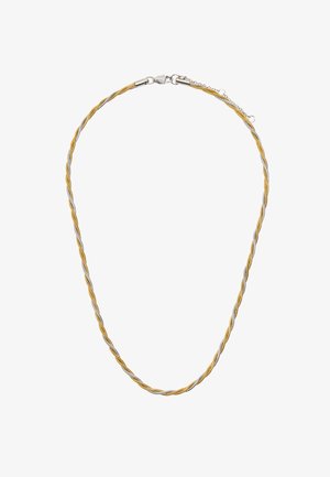 Skręcona naszyjnik wykonany ze złota i srebrnego metalu. Posiada zapięcie z przedłużką umożliwiającą regulację długości.