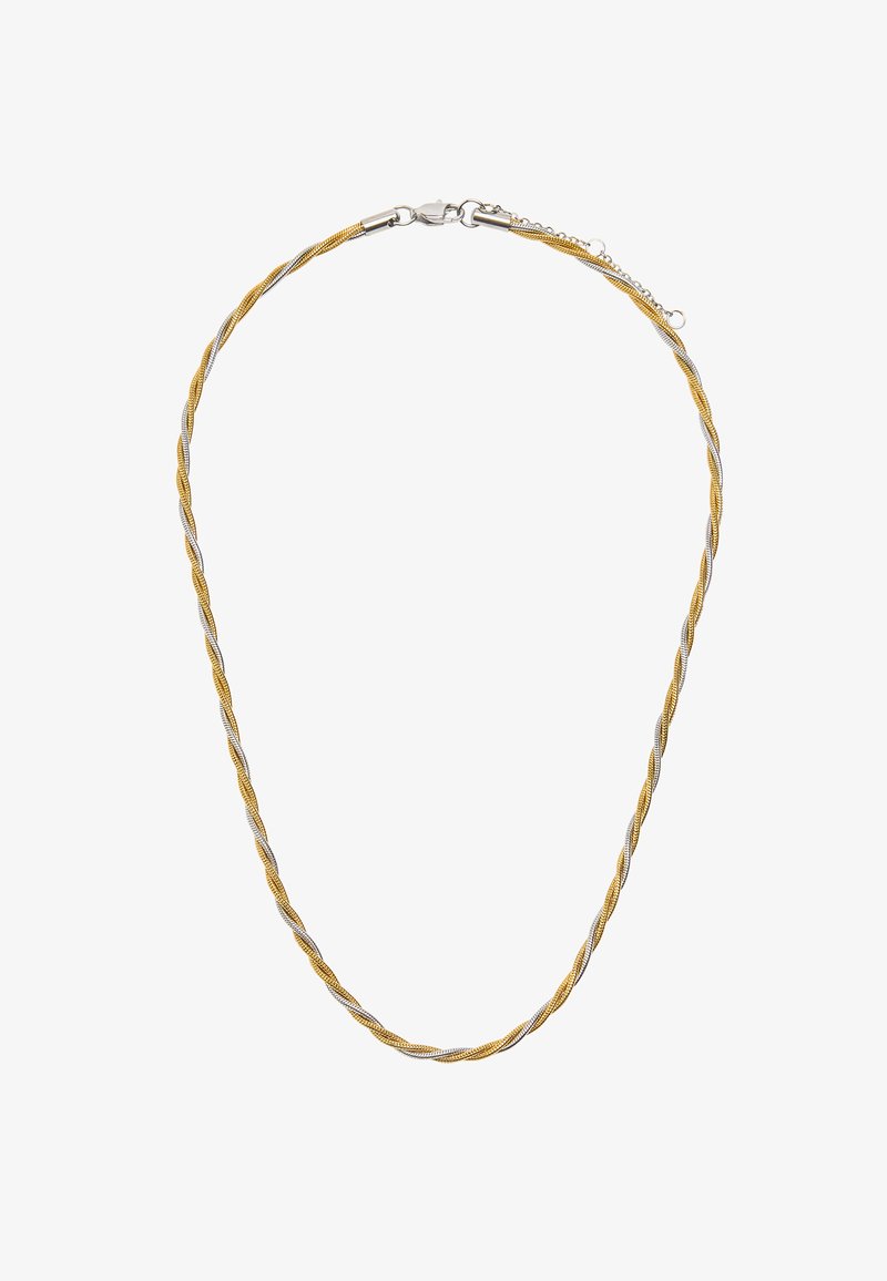 Skręcona naszyjnik wykonany ze złota i srebrnego metalu. Posiada zapięcie z przedłużką umożliwiającą regulację długości.