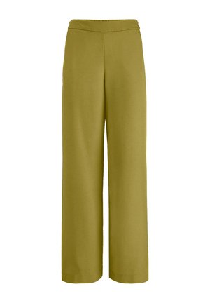 Olivegrüne Hosen mit weitem Bein und elastischem Bund, schlichtes Design, keine sichtbaren Taschen oder Verzierungen.