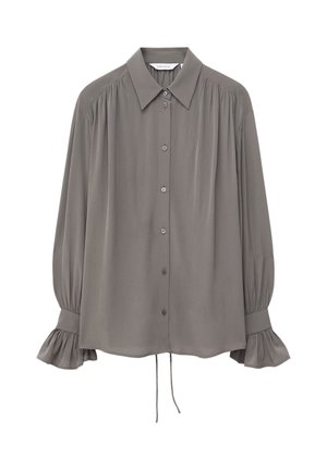 Grijze blouse met lange mouwen, knoopsluiting aan de voorkant, puntige kraag, geplooide schouders en gerimpelde manchetten met trekkoordzoom.