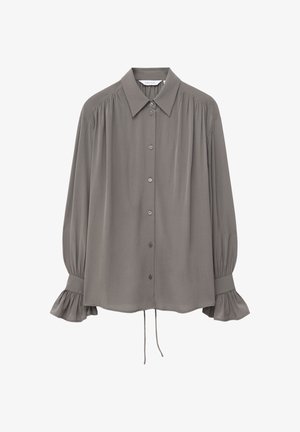 Long-sleeve gray blouse with button front, pointed collar, gathered shoulders, and ruffled cuffs with drawstring hem.