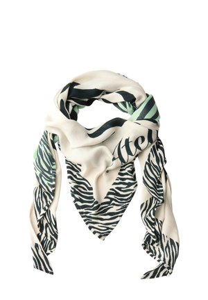Écharpe en tissu doux, avec une base blanche ornée de rayures zèbre noires et vertes. De forme triangulaire avec des extrémités lâches pour un style polyvalent.