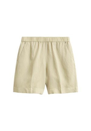 Beige casual shorts met een elastische tailleband en zijzakken, ontworpen voor comfort en dagelijks gebruik.