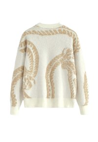 Pull crème avec motif de corde et de nœud beige, manches longues, et bords côtelés au niveau des poignets, de l'ourlet et de l'encolure.